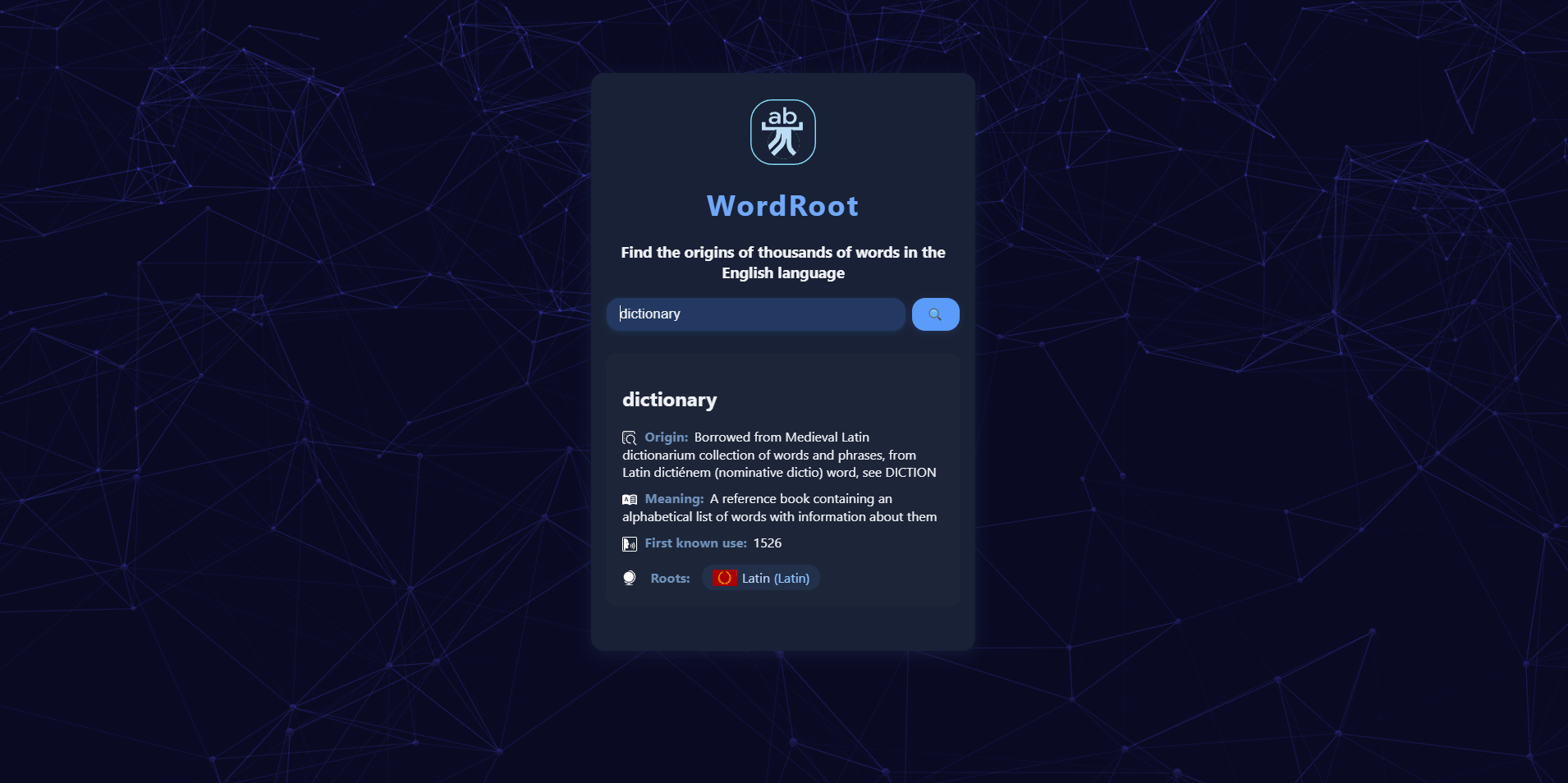 WordRoot word etymology explorer application