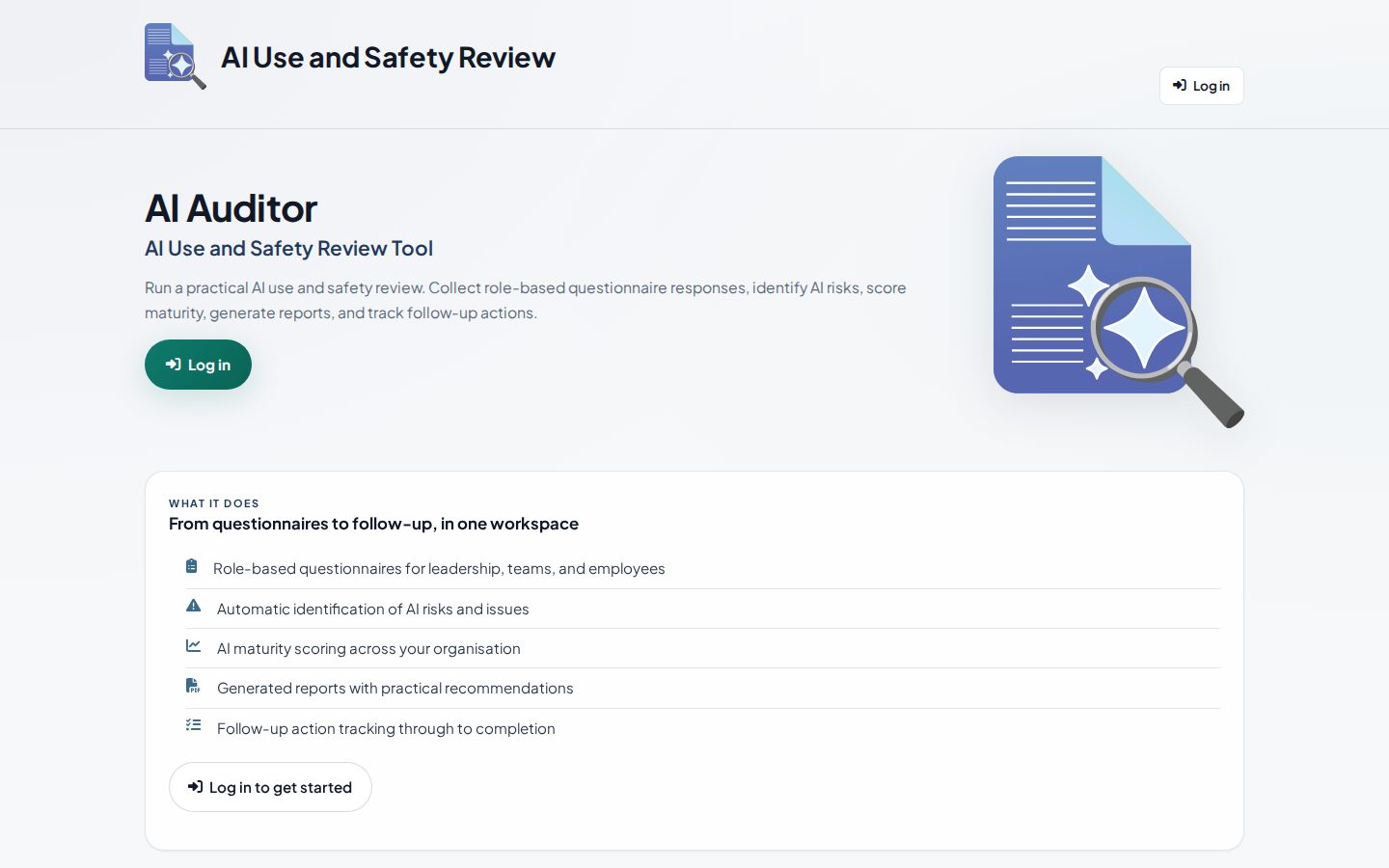 AI Auditor start page listing its review features