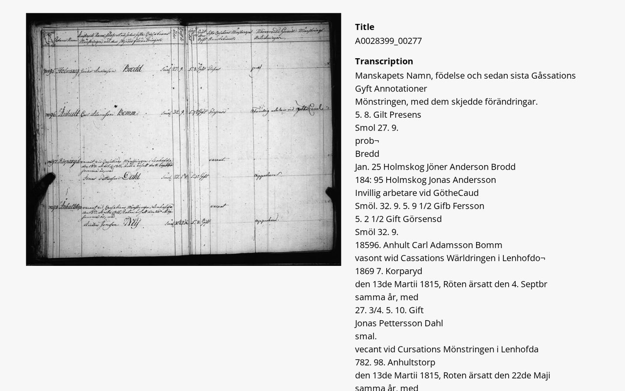 A muster roll page next to its machine transcription